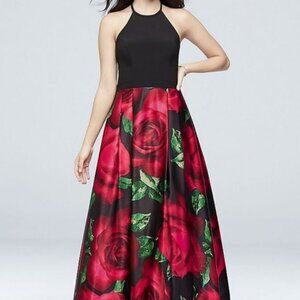 Blondie Nites Rose Print Halter Evening Gown